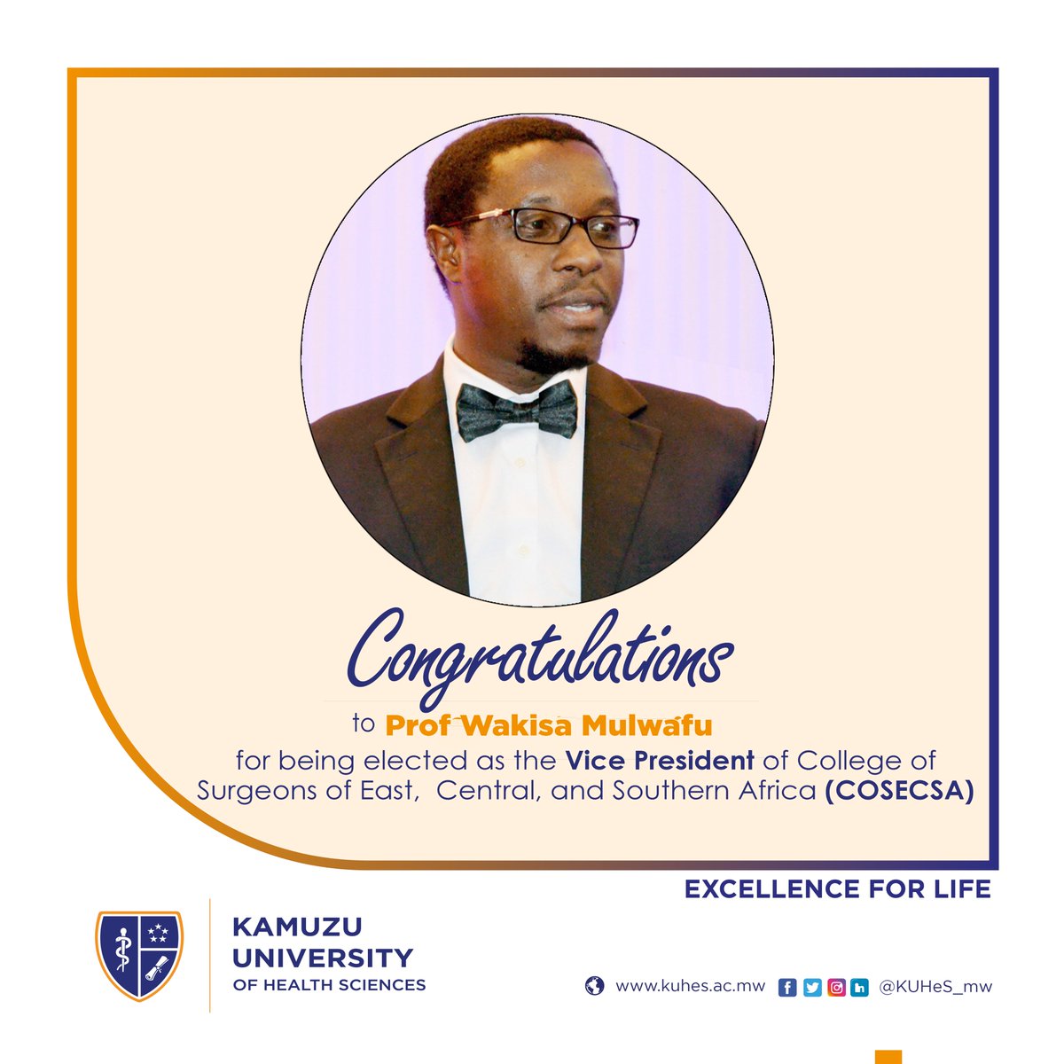 Congratulations to Professor Wakisa Mulwafu, Executive Dean of the School of Medicine and Oral Health (SMOH), for being elected as the Vice President of the College of Surgeons of East, Central and Southern Africa (COSESCA).

#ExcellenceForLife