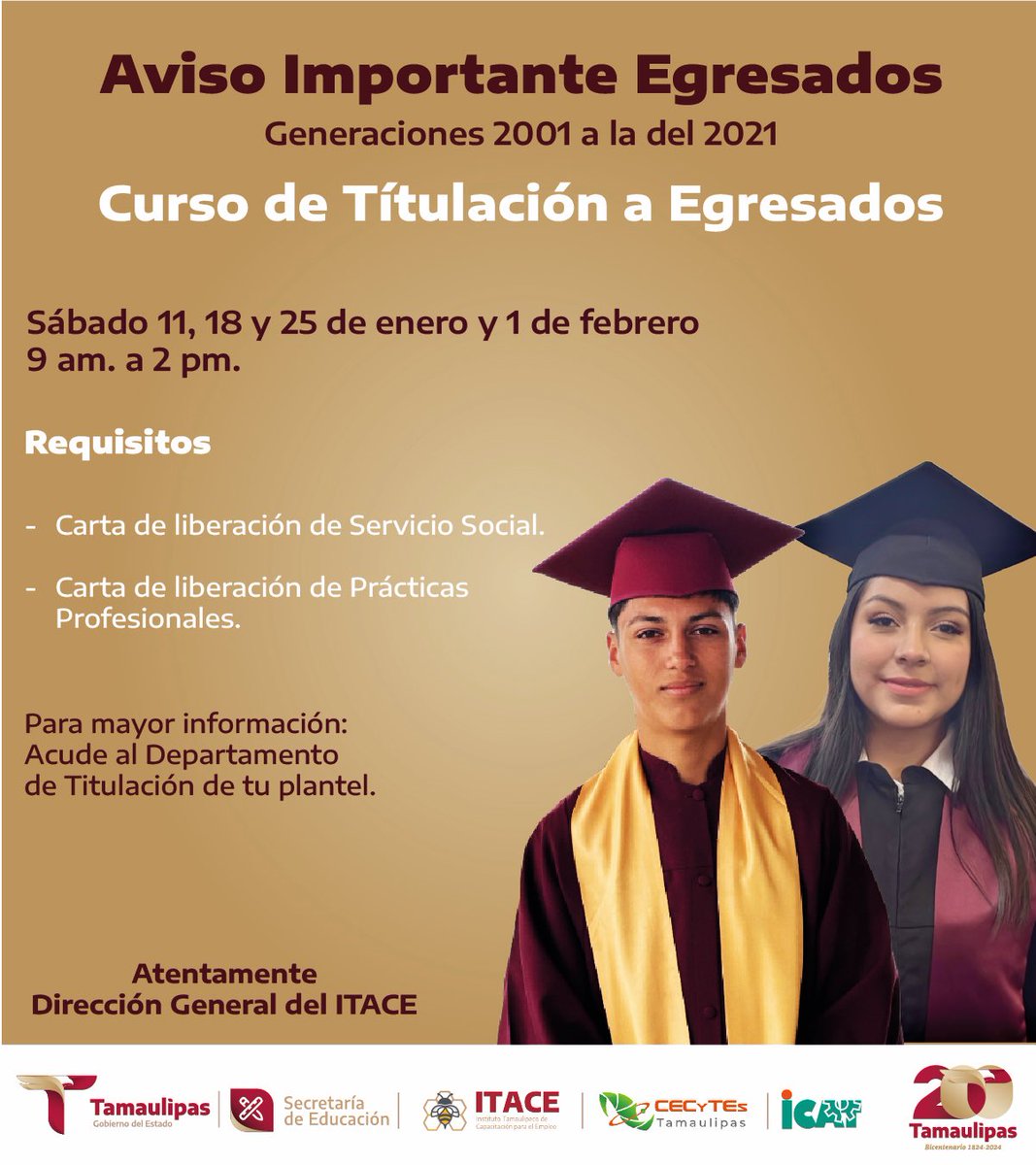 ⚠️ #AvisoImportante 👩🏻‍🎓🧑🏻‍🎓

A todos nuestros ex alumnos de las generaciones 2001 - 2021 los invitamos a que formen parte del Curso de Titulación que se llevara a cabo los sábados 11, 18, 25 de enero y 1º. de febrero del 2025.