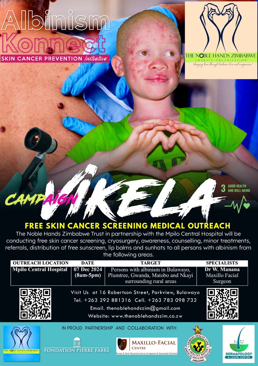 This Saturday,  
🔵Tshela izihlobo abangane abalombala
🔵Udza hama neshamwari dzine albinism kana kuti ruvara
🔵 Tell Friends and family with albinism 

TO COME AND GET SCREENED FOR SKIN CANCER FOR FREE