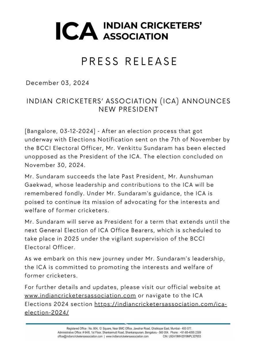 IndCricketAssoc's tweet photo. PRESS RELEASE
Indian Cricketers’ Association (ICA) Announces New President.
Indian Cricketers' Association #Venkitusundaram #icapresident https://t.co/Jozwf8Cyk5