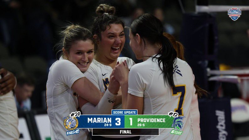 MUKnights's tweet photo. 🏐| FINAL

AN ACE FROM SYDNEY SCHAFFER ENDS IT!!

@MarianVball claims the 3-1 win against No. 12 Providence with a final score of 25-21 in set four

The Knights will wait on tomorrows Bellevue and Providence matchup to see if they will compete in tiebreakers tomorrow https://t.co/DZ0vtVs3jv