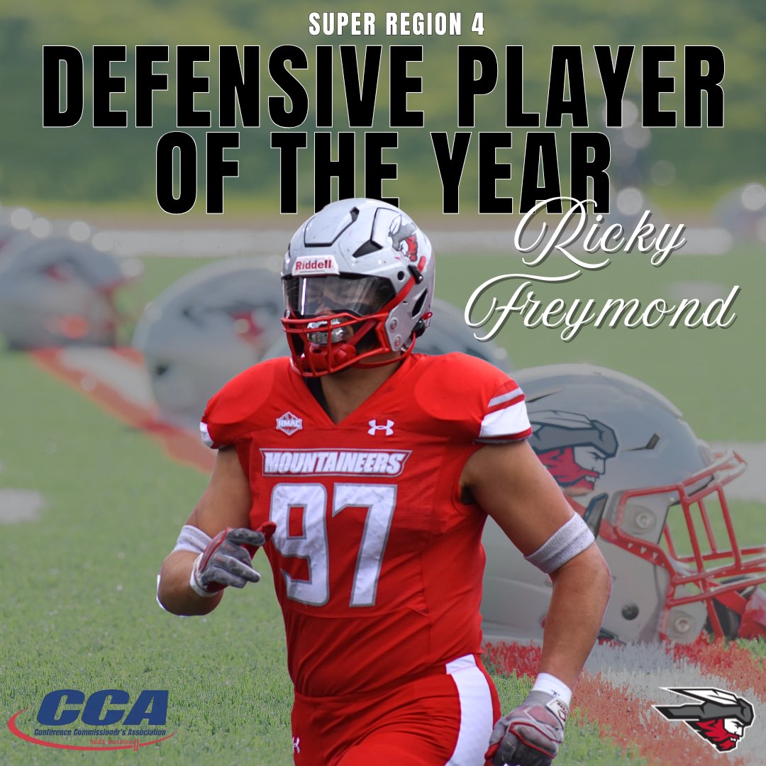 The accolades keep coming… Congratulations to Junior Defensive Lineman Ricky Freymond for being voted the CCA NCAA Division II Super Region 4 Defensive Player of the Year! 

Freymond led the RMAC in sacks (11) &amp; tackles for loss (25) this season!

#GoMountaineers #7723ft