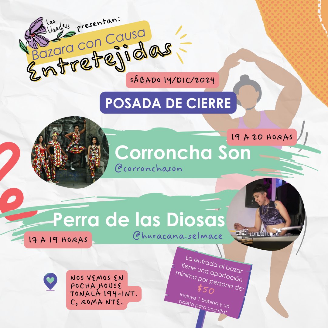 🎉 ¡Cerramos ENTRETEJIDAS con una gran posada! 💃✨

Al final del bazar, celebraremos juntas con música, baile y sabor.
📅 Sábado 14 de diciembre
📍 Pocha House, Tonalá 194-C, Roma Norte, CDMX

💜 Únete a esta posada llena de arte y comunidad. 
¡No te lo puedes perder!
