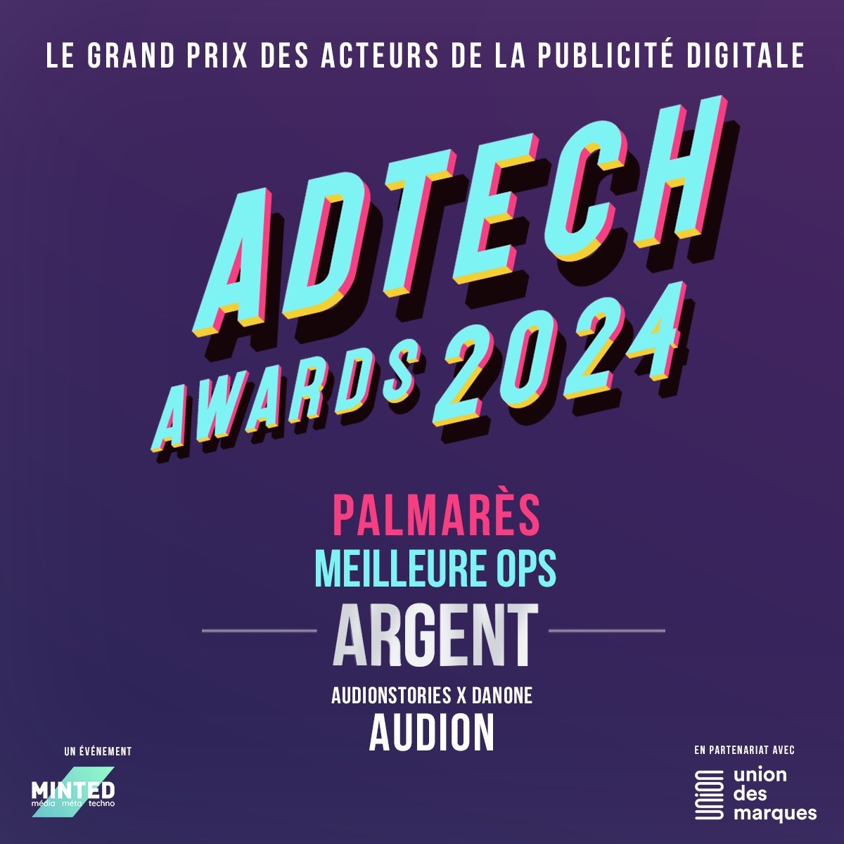 mntd_'s tweet photo. 🥈Dans la catégorie 'Meilleure OPS', l’argent est remis à « AudionStories x @Danone » (@Audion_fr)

#AdTechAwards https://t.co/EGArXyTi2A