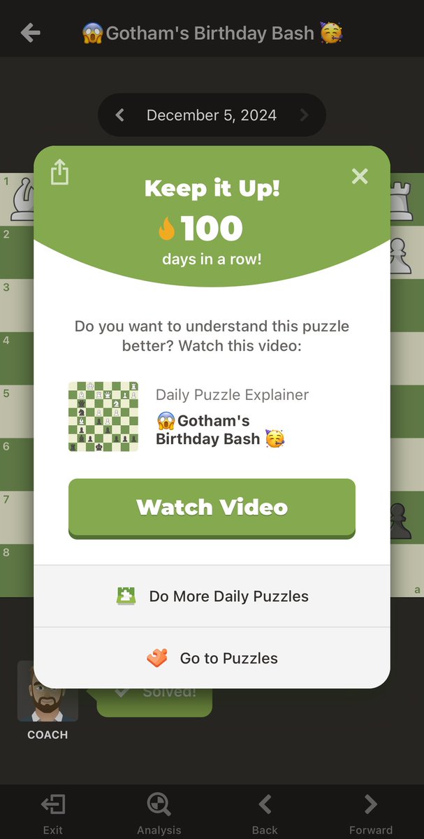 KiratBhonsle's tweet image. Today was my 100th consecutive day of solving the #DailyChessPuzzle on the Chess.com app. I’m glad I was able to solve the puzzle every day without breaking my streak for 💯 days.