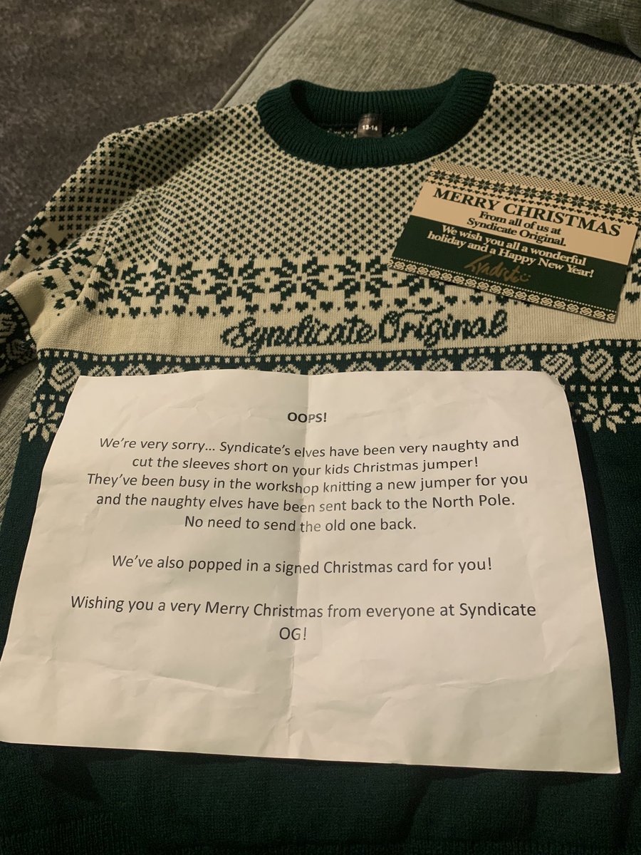 Mattlarrrr's tweet photo. @SyndicateOG @Syndicate. What a company Syndicate original is! A small slip up with an item of clothing and we get this legendary package to absolutely make my son’s day (possibly year!). Thank you so much for replacing his jumper! Such a nice touch 💚🤍💚 https://t.co/z20drONfCD