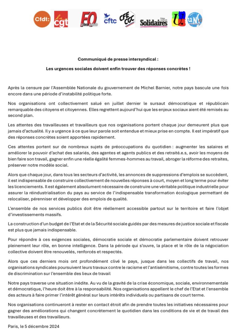 SyndicatCFTC's tweet photo. Communiqué de #presse #Intersyndical :
les urgences sociales doivent enfin trouver des réponses concrètes https://t.co/ggthLUUX98
