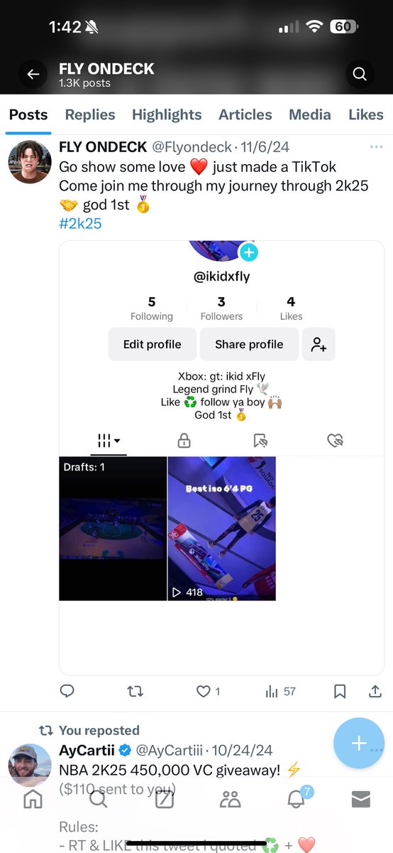 Flyondeck's tweet image. How it was when i first made the account 11/6/24 to today 12/5/24🤞🏽🎇 
Haven’t been the most consistent but i got a decent amount of content in a month 👏🏽
If you haven’t drop a follow or you like it up the butt
#support #follow #tiktok #2k25