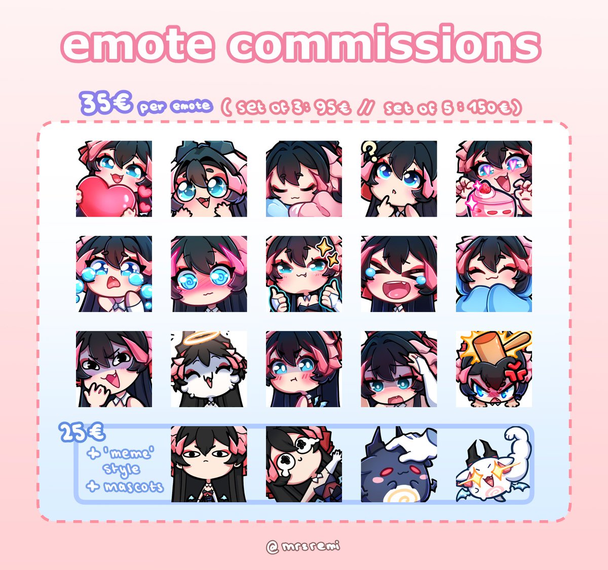 ✨️ Commissions OPEN ✨️

I really need some money as I've been unemployed for 6months. Sharing this is greatly appreciated 🙏🏻
I'll add more com types soon 🥲

• 400x400px
• For Twitch, Discord etc
• Bundle discounts available!

Dm me or Vgen@mrsremi if you are interested 🌸