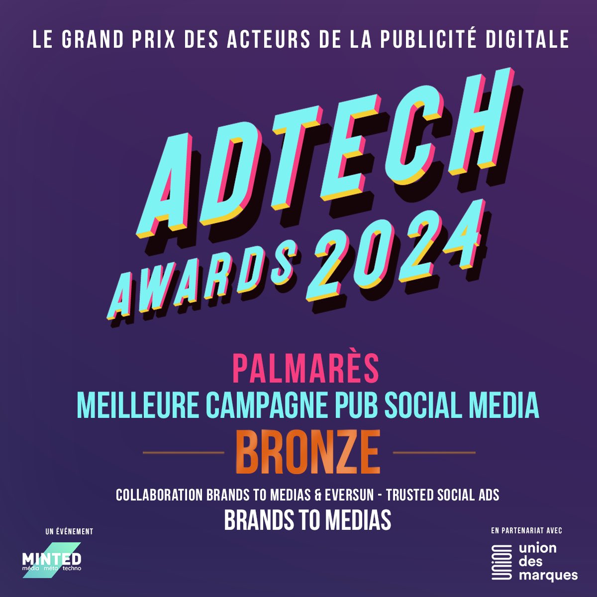 mntd_'s tweet photo. 🥉Dans la catégorie 'Meilleure campagne pub social media', le bronze est remis à « Collaboration Brands To Medias &amp; Eversun - Trusted Social Ads »

#AdTechAwards https://t.co/bxEExHHrk9