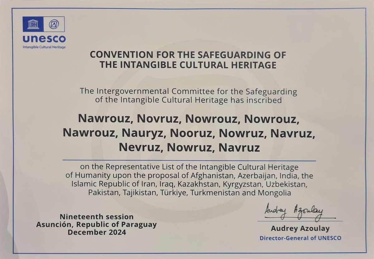 Bəşəriyyətin Qeyri-Maddi Mədəni İrsinin Reprezentativ Siyahısında "Novruz" nominasiyasına yeni bir ölkə - Monqolustan 🇲🇳 qoşuldu! Beləliklə, Azərbaycan daxil olmaqla 12 ölkəni birləşdirən bu dosyedə artıq 13 ölkə təmsil olunur. Monqolustan tərəfini ürəkdən təbrik edirik!