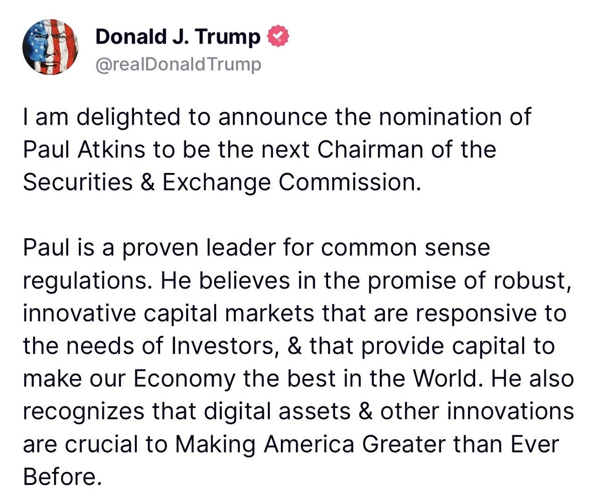 The appointment of cryptocurrency supporter Paul Atkins as the next chairman of the US Securities and Exchange Commission by President-elect Donald Trump has triggered strong reactions in the financial markets. Since Trump won the election on 5 November, the overall market value
