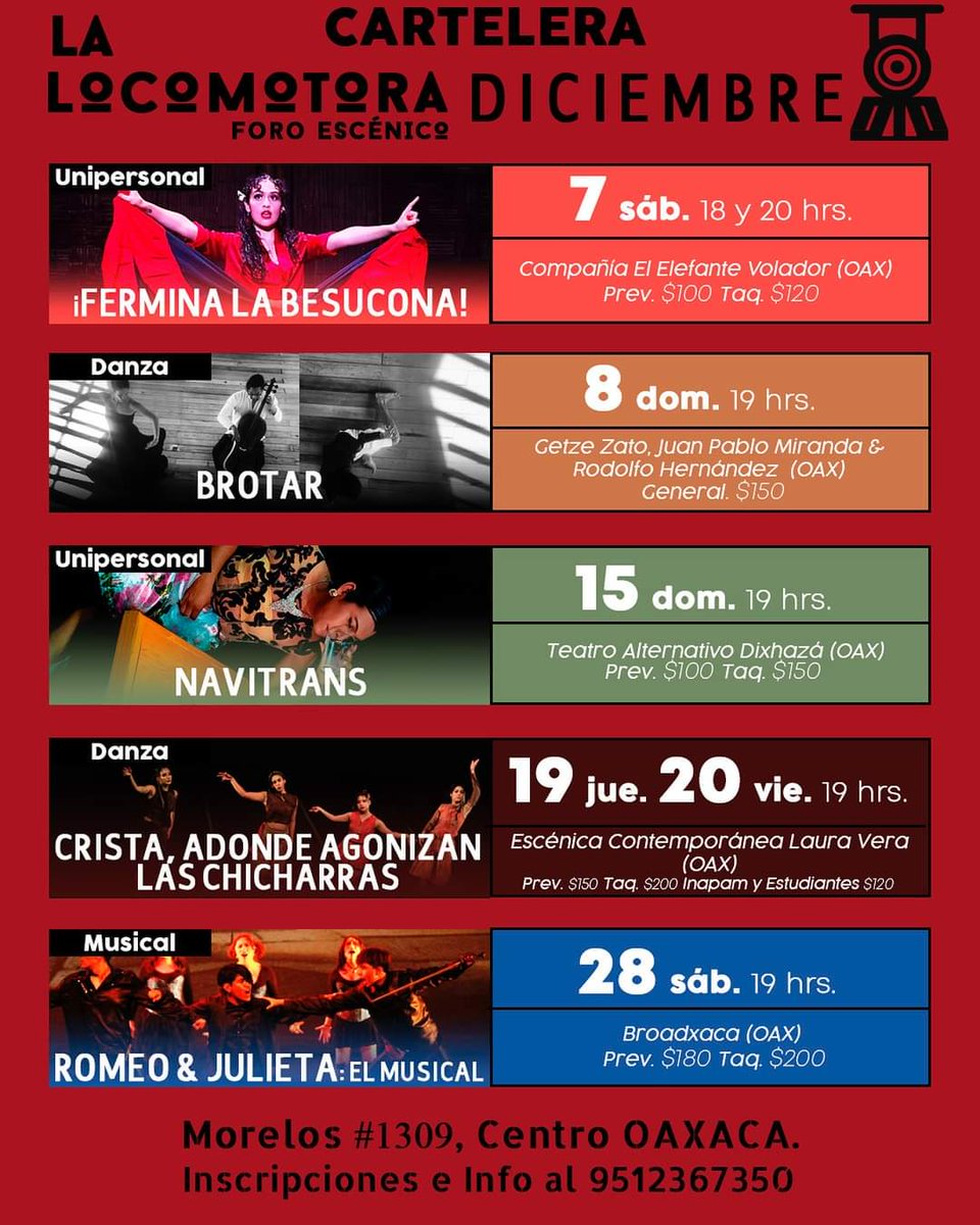 Cartelera de actividades del mes de diciembre en La <a href="/locomotoraforo/">La Locomotora</a> Escénico

#Oaxaca #arte #cultura