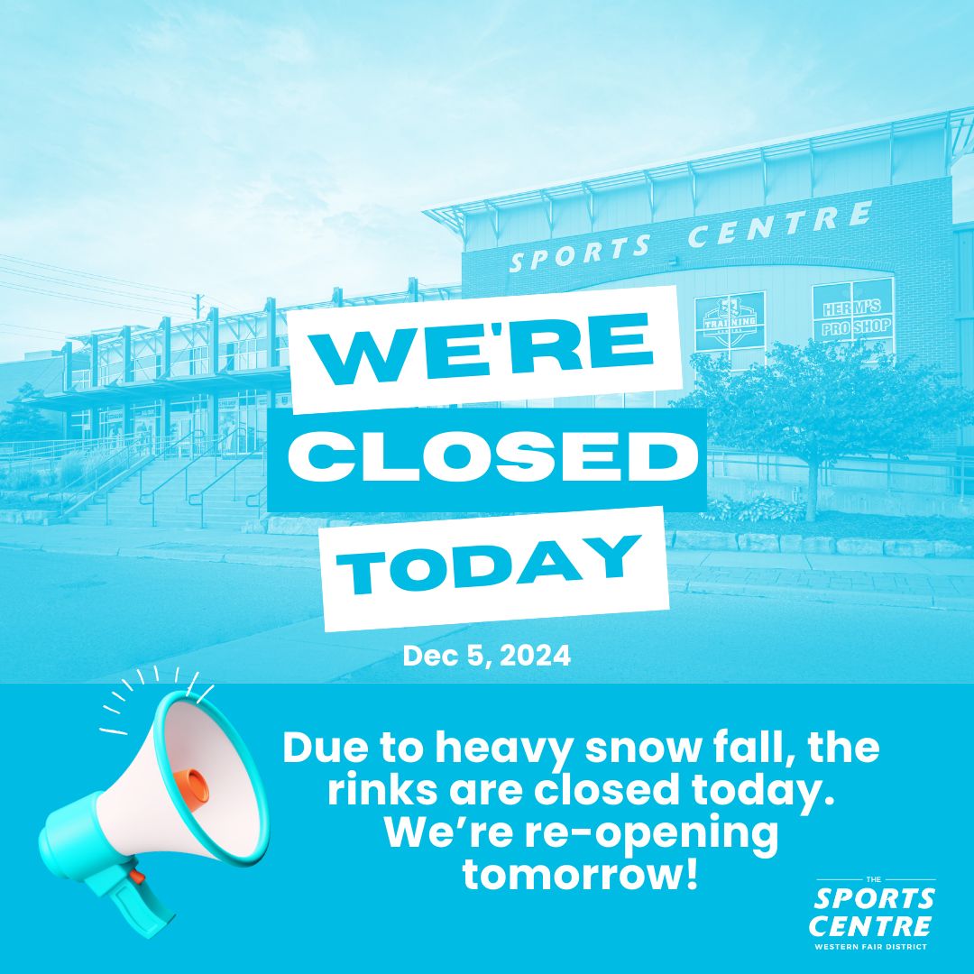 Please note that City of #LdnOnt Arenas have closed today, due to heavy snowfall. This includes ice rentals at the Sports Centre at WFD. Sports Centre rinks are expected to reopen Friday, December 5. 
 
For updates, please check back here, for or visit buff.ly/3D25HtD