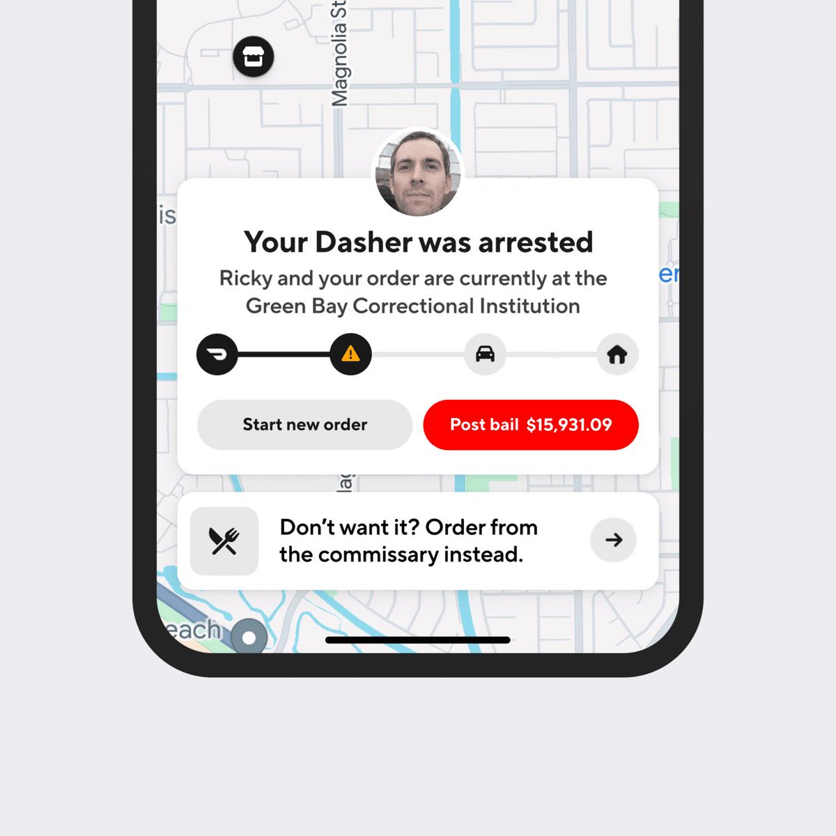 soren_iverson's tweet photo. DoorDash option to post bail if your driver gets your arrested https://t.co/Lr2PcjeXEb