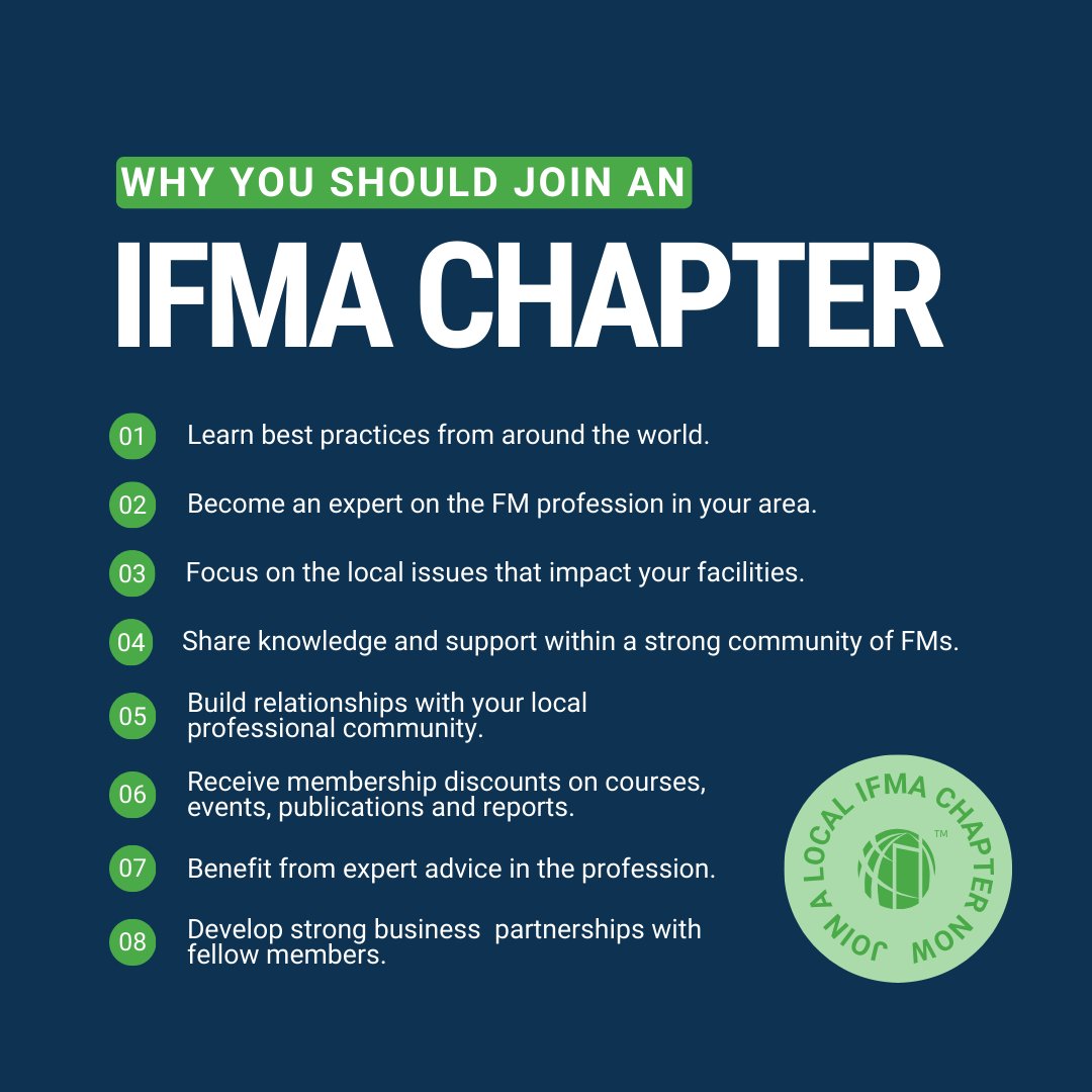 IFMA's tweet photo. Are you considering joining an IFMA chapter? 🤔 Check out the top 8 reasons why it’s the right move to help boost your FM career. Learn more: https://t.co/8zGkV40pjN https://t.co/XNZ9VbYtoz