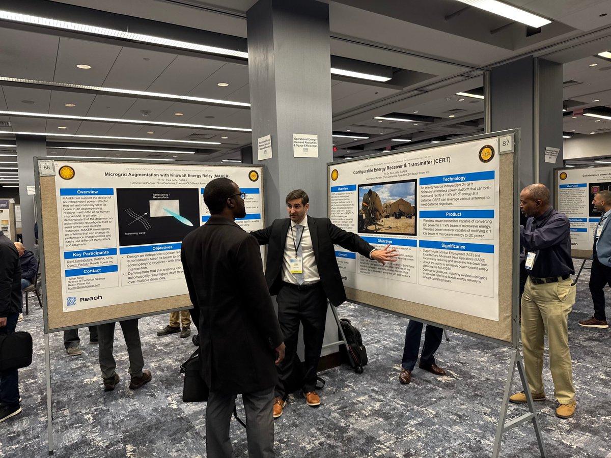 ReachPowerInc's tweet photo. This week Reach is participating in the #DoD Energy and Environment Innovation Symposium. Our Founder/CEO Chris Davlantes and President/GTM Jeff White delivered a live power beaming demonstration and we were thrilled to showcase six of our innovative projects funded by OECIF. https://t.co/UFEEp3rEOy