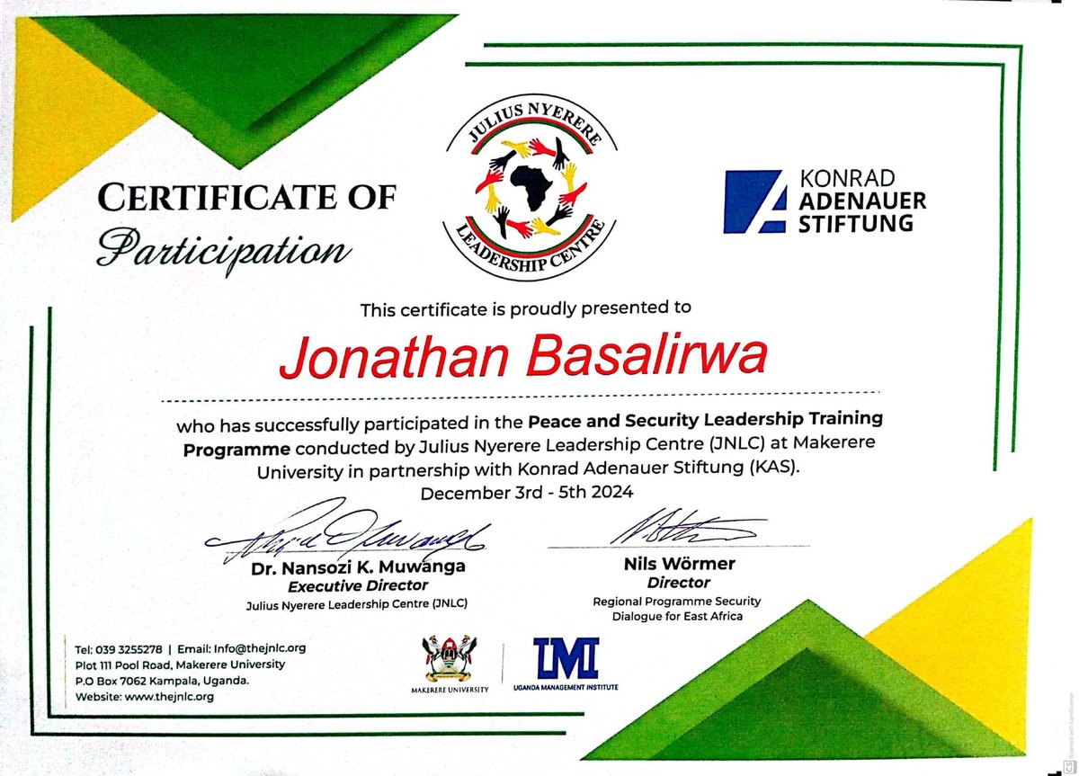 BasalirwaJB's tweet photo. I have this evening been awarded a Certificate by @TheJNLC and @KasUganda for completion of the 3-day training on Peace and Security, a Youth Leadership Training Programme for Finalists and Graduating former Student Leaders in different Universities in Uganda.
#JNLCTraining2024 https://t.co/I57ai0I5F4