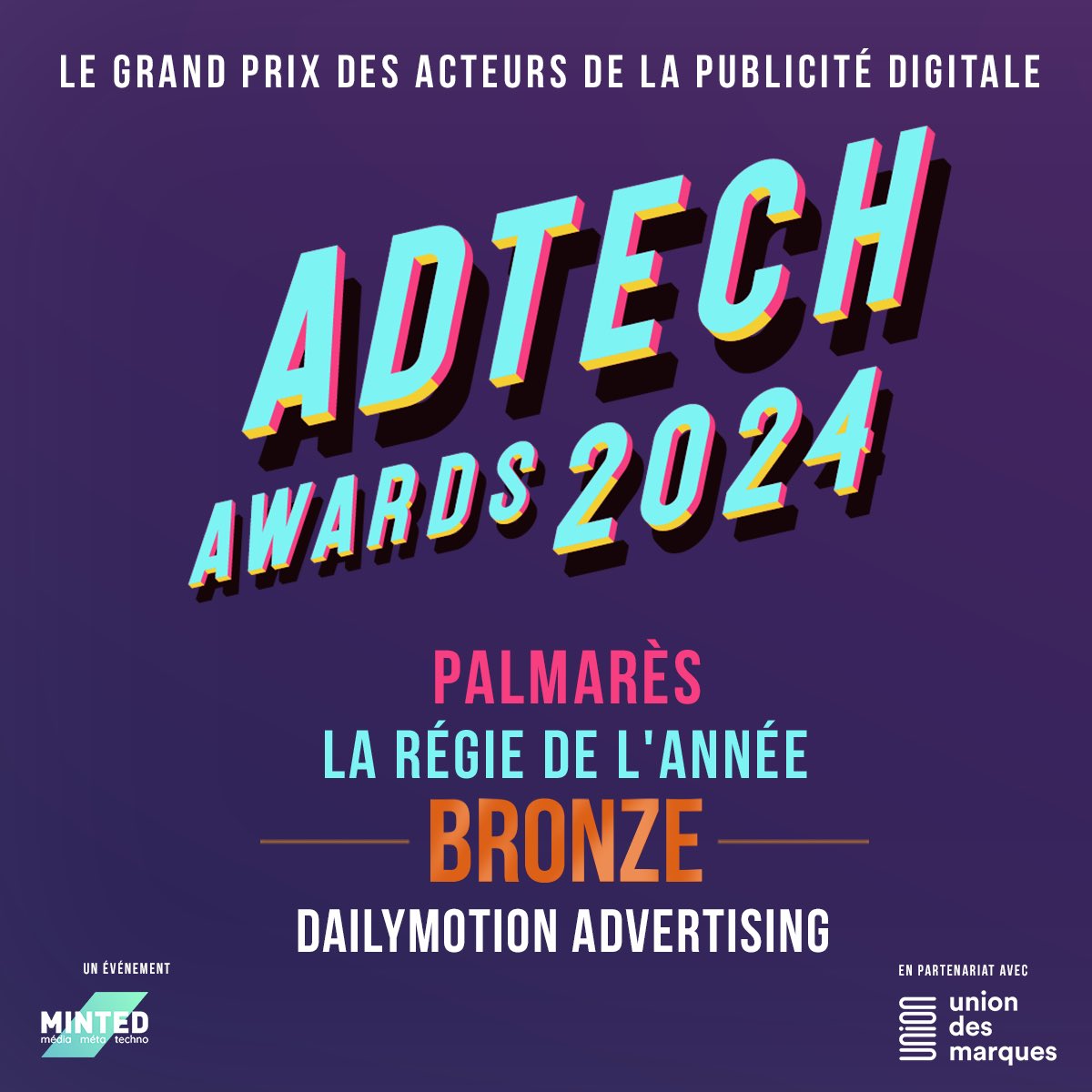 mntd_'s tweet photo. 🥉Dans la catégorie 'Régie de l’année', le bronze est remis à @Dailymotion_Pub.

#AdTechAwards https://t.co/1EiYqBIN4G