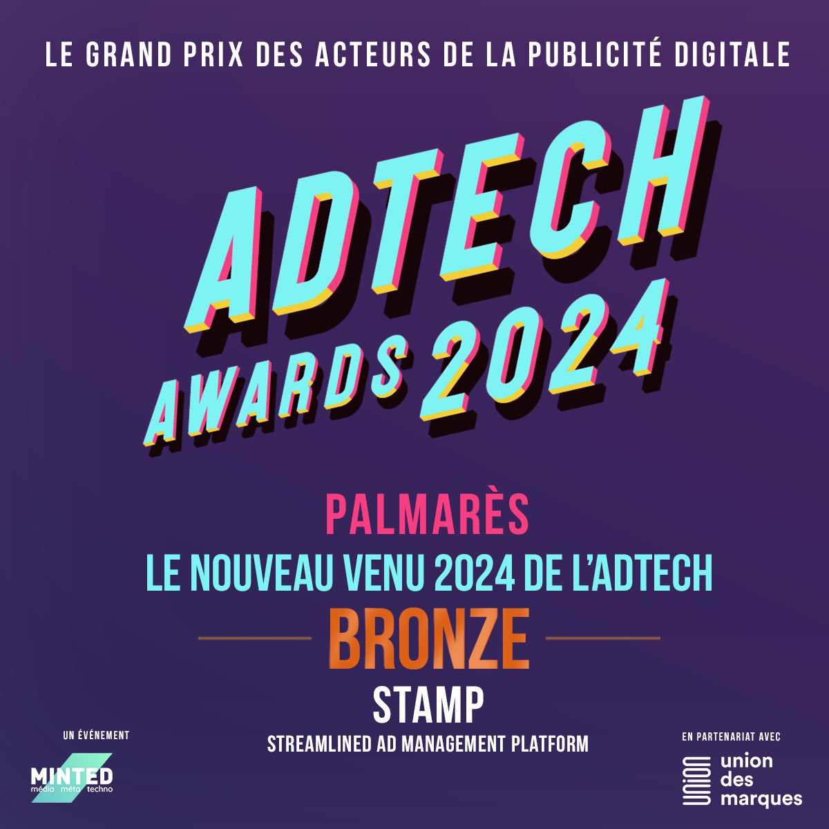 mntd_'s tweet photo. 🥉Dans la catégorie 'Le nouveau venu 2024 de l’adtech', le bronze est remis à ex-aequo à Stamp (Streamlined Ad Management Platform) et Olyzon ! 

#AdTechAwards https://t.co/9by9am6wKf