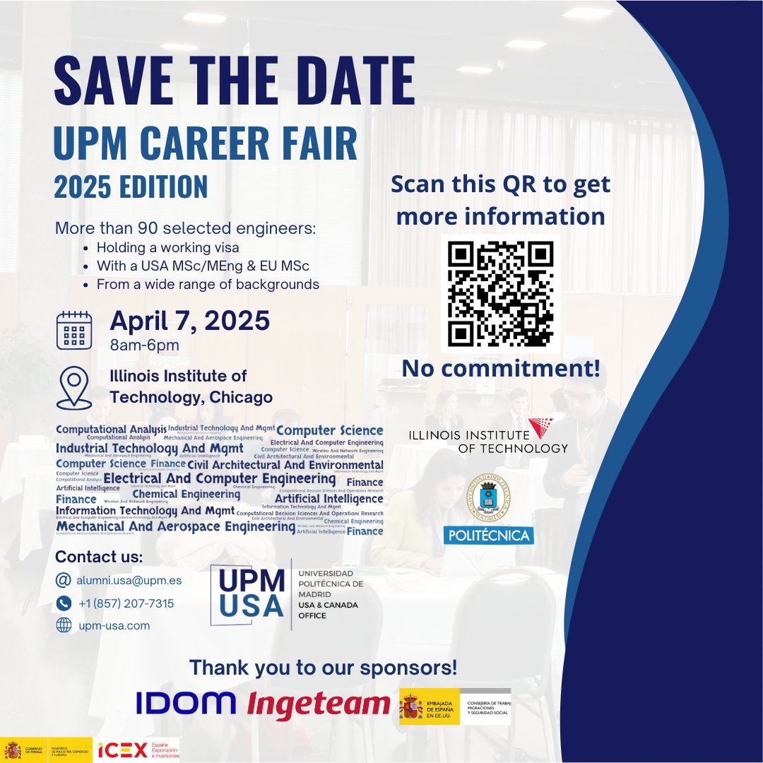 Join us at the UPM Career Fair 2025 in Chicago on April 7th! Meet 90+ top engineers with USA &amp; EU degrees and work visas. Details: upm-usa.com/career-fair-in…
We look forward to welcoming you! 🤝

#UPMCareerFair #SomosUPM #EngineeringTalent #Networking #UPMNorthAmerica #Recruitment