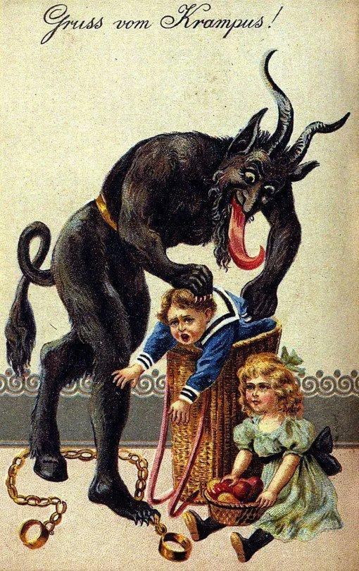 Careful out there tonight for it’s #Krampusnacht! Popular in German-speaking Alpine folklore, the figure of #Krampus is a devil-like horned creature who punishes badly-behaved children the night before St Nicholas’ Day. More Krampus cards here: publicdomainreview.org/collection/gre…