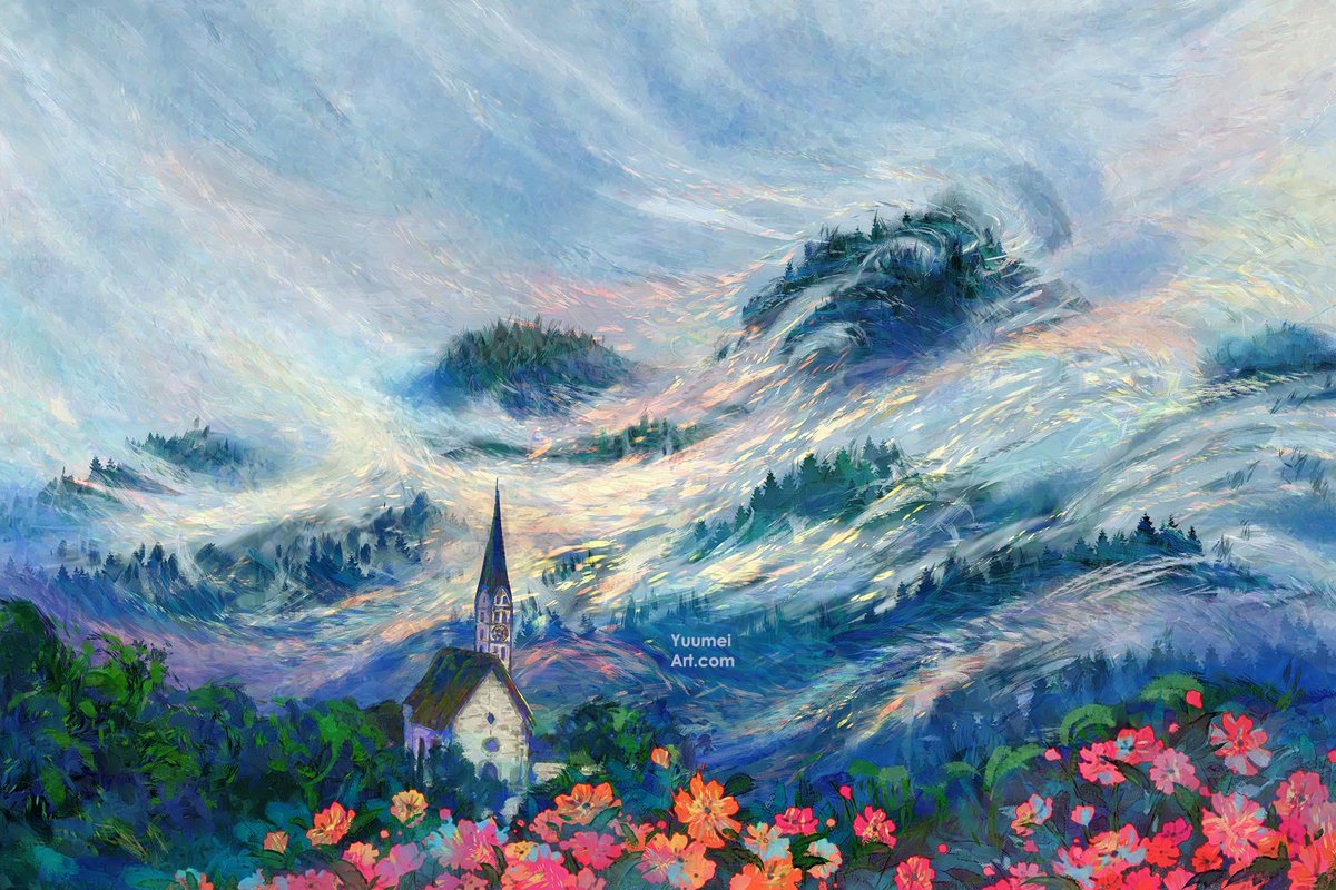 Yuumei_Art's tweet photo. Cloud Blanket~ 

Based on a photo I took in Switzerland. It was raining that day, and at first I was disappointed by the weather because we couldn't go hiking in the rain, but the low hanging rain clouds were so beautiful that I became glad for the rain. https://t.co/73xJrqfL03