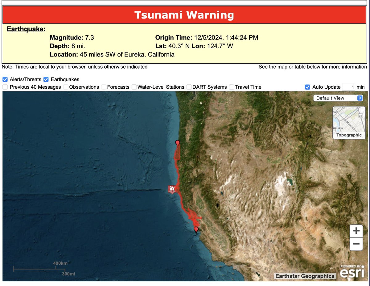 MaxVelocityWX's tweet photo. BREAKING: Tsunami Warning issued for the West Coast of California!

7.3 magnitude earthquake struck 45 miles west of Eureka, CA!

EVACUATE INLAND! https://t.co/AsoZpwFh9K