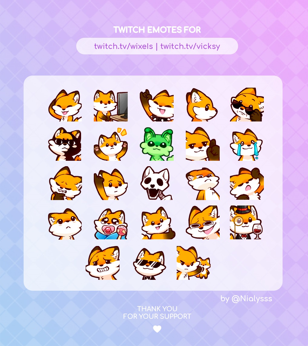 Vicksy's tweet photo. HUGE EMOTE DROP! 23 BRAND NEW FOX EMOTES NOW LIVE!! 🦊

we now have 61 tier 1 emotes total on the 2nd channel! https://t.co/UbPQwpyhi3