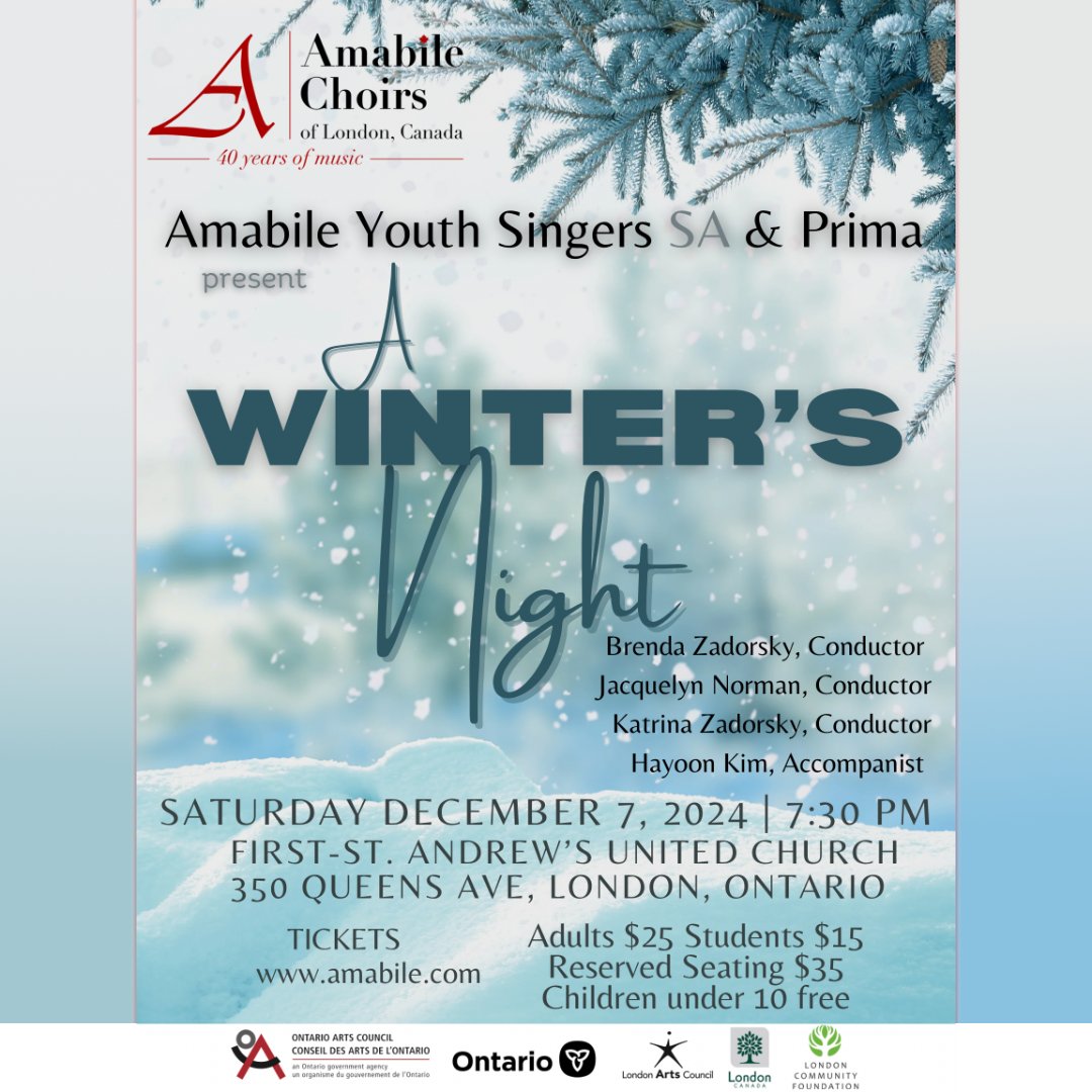 Get into the spirit of the season with the Amabile Youth Singers SA and Prima as they perform "A Winter's Night" on Saturday Dec. 7th!

Tickets are available now at Amabile.ca/tickets.