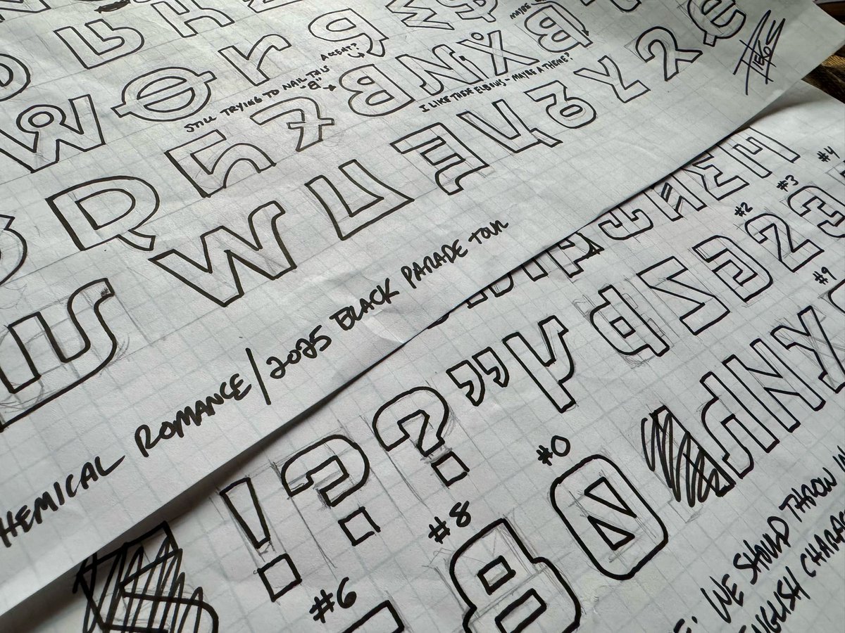 blambot's tweet photo. Some good news if you’re a (patient!) My Chemical Romance fan: Gerard has given me the go-ahead to auction off my original hand-drawn concept sketches of the fictitious language we created for the 2025 Black Parade tour. Will be listed for sale when the tour kicks off next year. https://t.co/gdJudYFCl4