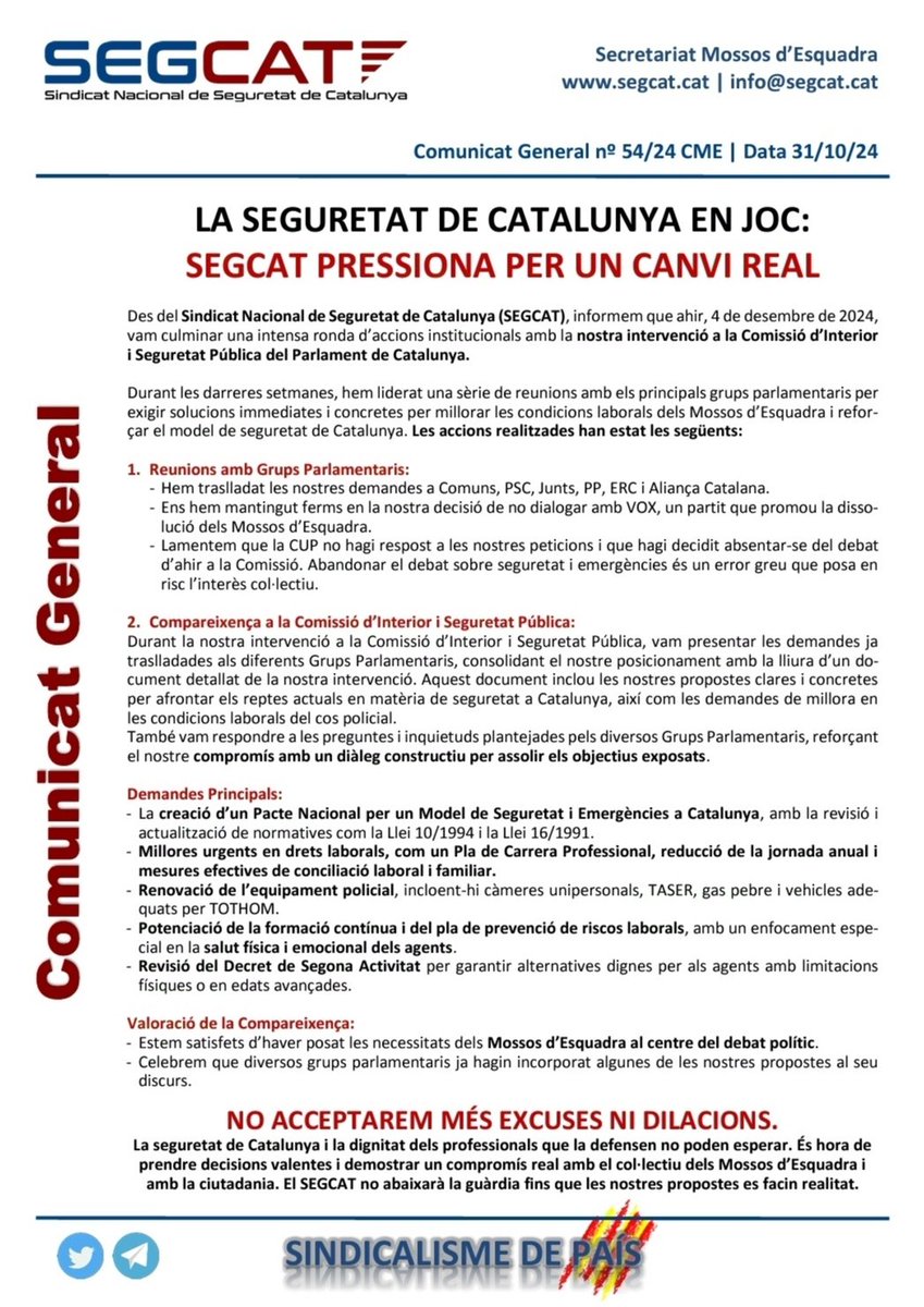 Seg_Cat's tweet photo. 🚨 Ahir vam compareixer a la Comissió d’Interior del @parlamentcat per defensar la seguretat de Catalunya i la dignitat dels Mossos d’Esquadra. Hem demanat accions clares i immediates. No acceptarem més excuses. És hora de prendre decisions valentes! #Seguretat #SEGCAT @mossos https://t.co/mcFPUn4PyJ
