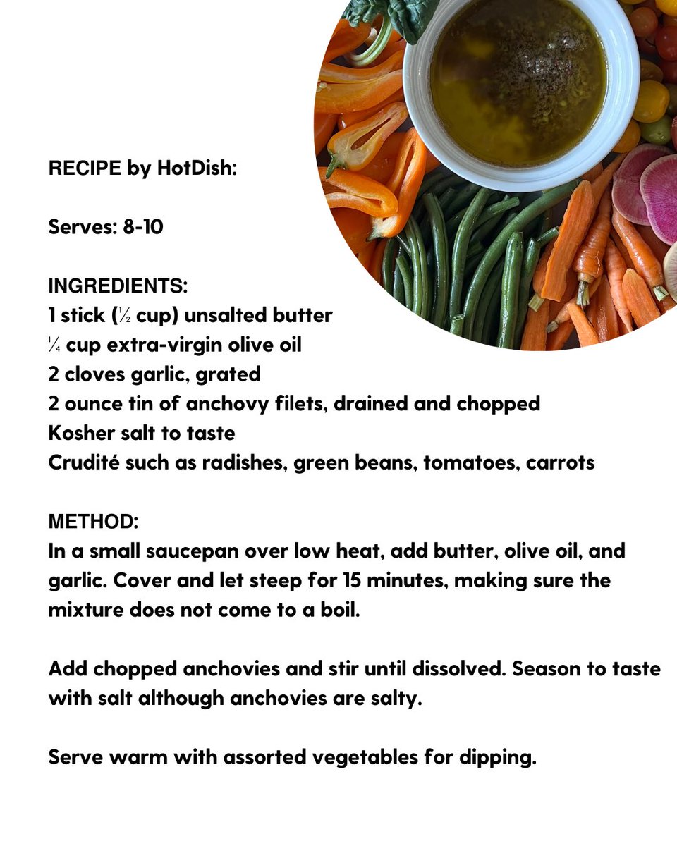 This warm dip from Northern Italy fully brings out the flavor of 𝗔𝗡𝗖𝗛𝗢𝗩𝗜𝗘𝗦 thanks to the garlic, butter and olive oil. 🐟

Its simple elegance is a perfect starter for a ✨big festive feast✨ like Christmas, Hanukkah. or New Year’s Eve!