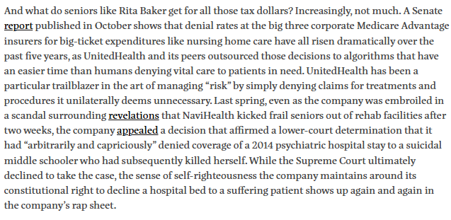 moetkacik's tweet photo. The thing about UHC is not just that it denies medical care, it systematically defrauds seniors into relinquishing the right to Medicare so it can collect $15K/head/yr denying them care, then appeals to SCOTUS to defend its constitutional "right" to ghost doctors in the process