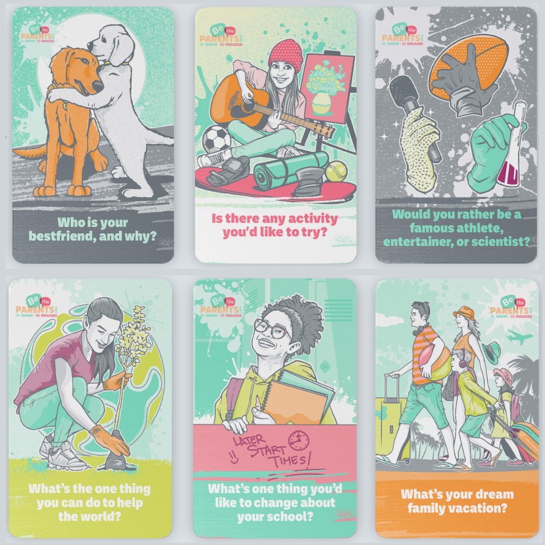 BeTheParents's tweet photo. Research shows that positive parent-child communication builds stronger bonds and can prevent youth substance use. So keep up your efforts to “get to know” your child, ask open-ended questions and spark fun discussions. Order a free deck of Convo Cards at https://t.co/WcYfICZPp5 https://t.co/YmE2ntGa97