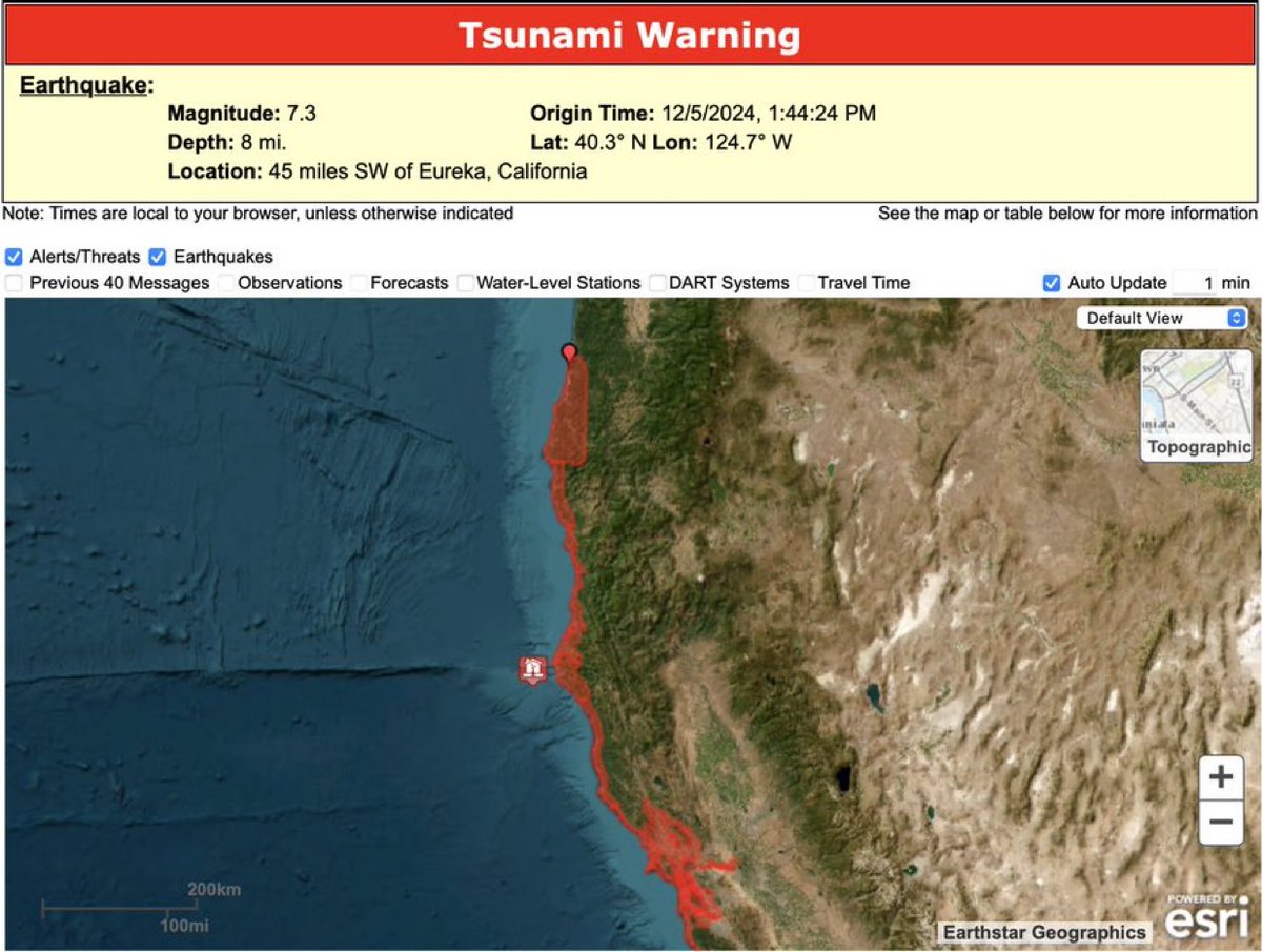 AlertaNews24's tweet photo. 🇺🇸 | URGENTE: Se acaba de emitir una ADVERTENCIA DE TSUNAMI para el norte de California tras sismo de magnitud 7,3. https://t.co/SLY9jPdFkT