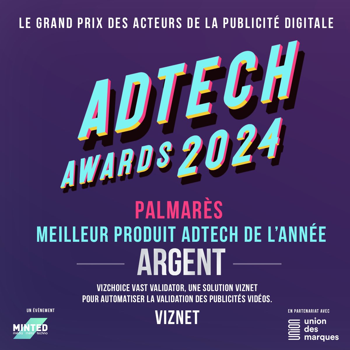 mntd_'s tweet photo. 🥈Dans la catégorie 'Meilleur produit AdTech de l’année', l’argent est remis à VizChoice VAST Validator, une solution VIZNET pour automatiser la validation des publicités vidéos.

#AdTechAwards https://t.co/oqygAw0Iuz
