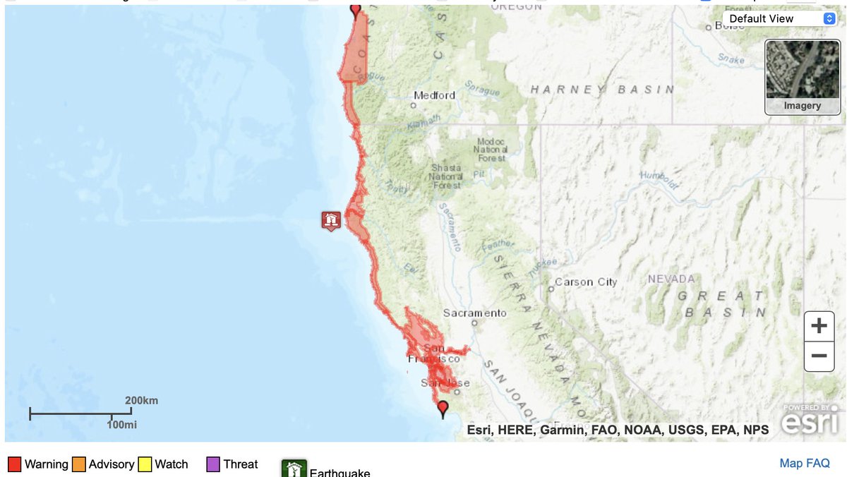 BREAKING: TSUNAMI WARNING (highlighted in red) issued for Northern California coastline and southern Oregon, including the Bay Area coast.