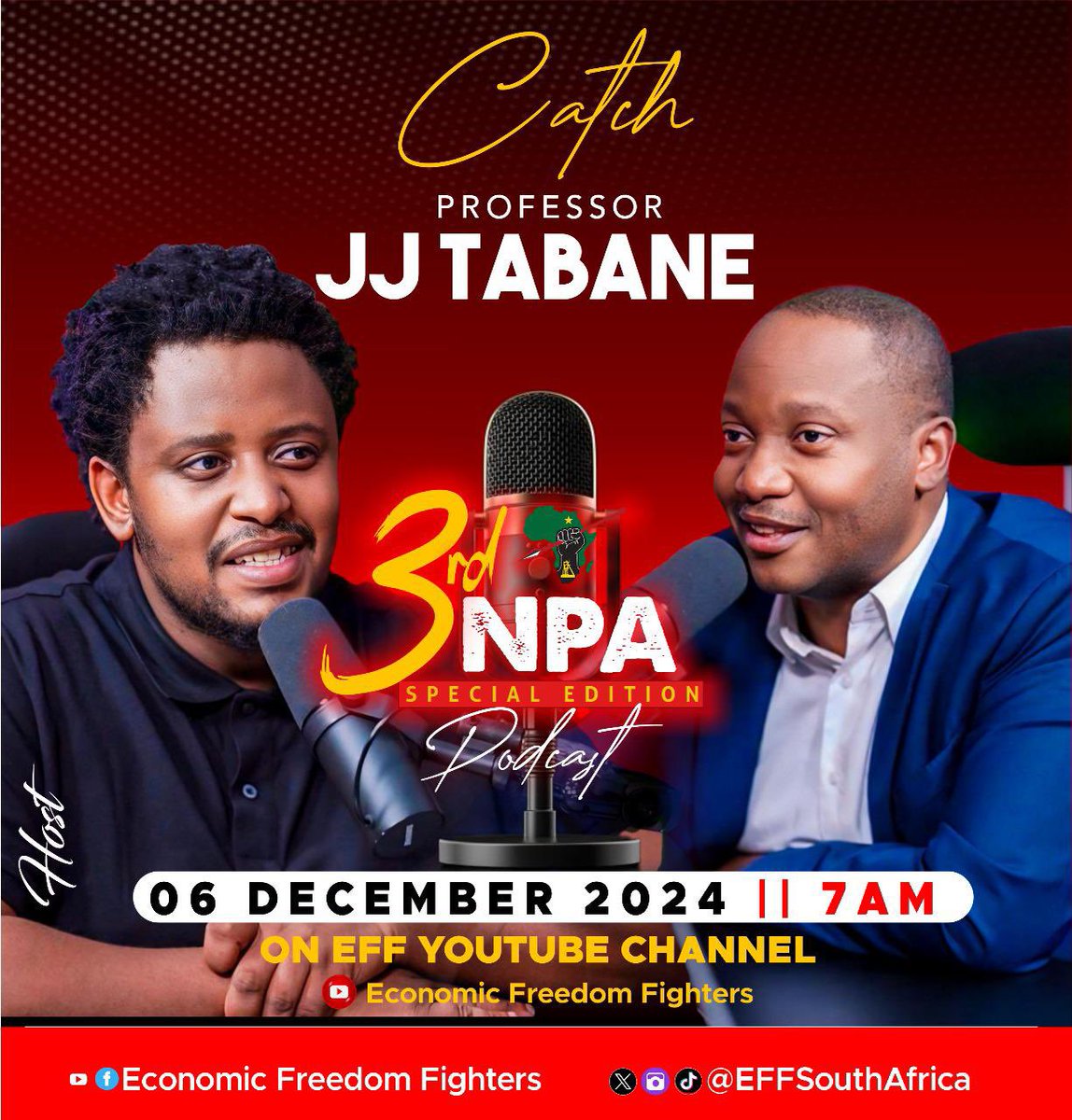 EFFSouthAfrica's tweet photo. ♦️Coming Up♦️

Commissar Sinawo Thambo discusses media and battles of ideas with Professor JJ Tabane on the Special Edition 3rd National People’s Assembly (NPA)#EFFPodcast, which will be aired on Friday, 06 December 2024 (Tomorrow) at 07am

The media space in South Africa is controlled and dictated by the capitalist and racist establishment that defines political and economic life, and this continues to necessitate the need for us as a revolutionary movement to partake in a battle of ideas in the media terrain.

#EFFNPA2024