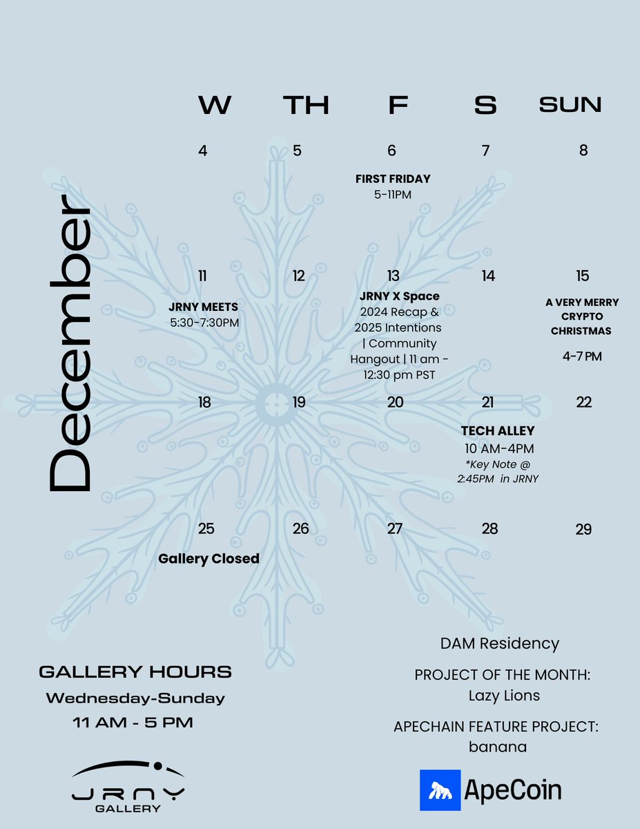JRNYGallery's tweet photo. Happy December! The Gallery has some amazing events on the docket! Make sure to take a look and join us this month, can't wait to get festive and very crypto with y'all ☃️open W-Sunday, 11am-5pm
.
.
.
#CryptoEvents #GalleryEvents #HappyDecember #artsdistricLV #lasvegas https://t.co/UDifEhKbho