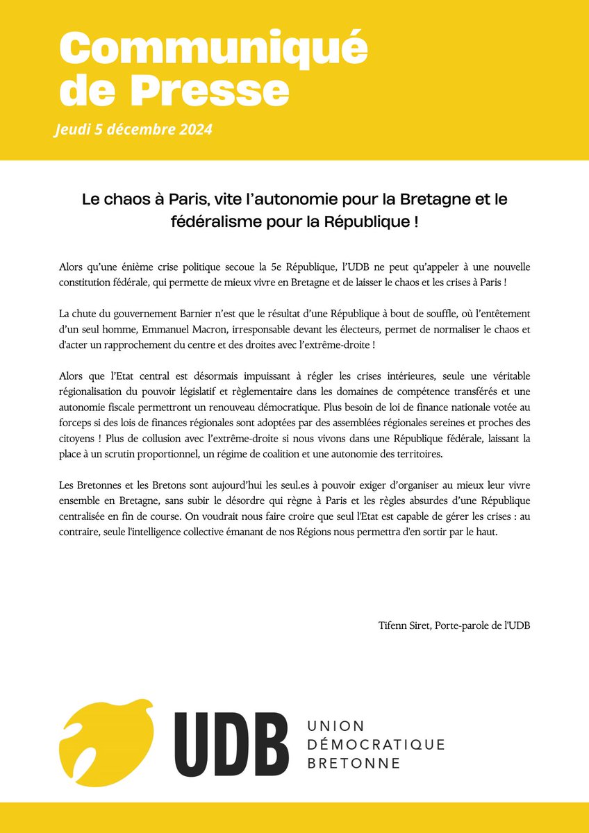 Face à cette énième crise de la 5e République, l'UDB appelle à une nouvelle constitution fédérale. La Bretagne mérite une gestion locale, loin du chaos parisien. Seule la décentralisation du pouvoir permettra un renouveau démocratique 👇