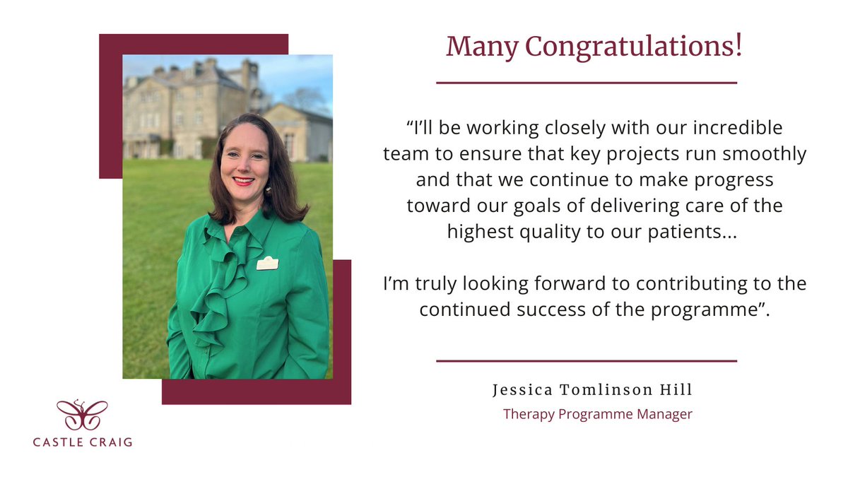 We are delighted to announce that Unit Lead, Jessica Tomlinson Hill, has now been appointed as our new Therapy Programme Manager.

Congratulations Jessica. We can't wait to see what the future holds.

#CastleCraig #Teamwork #Proud