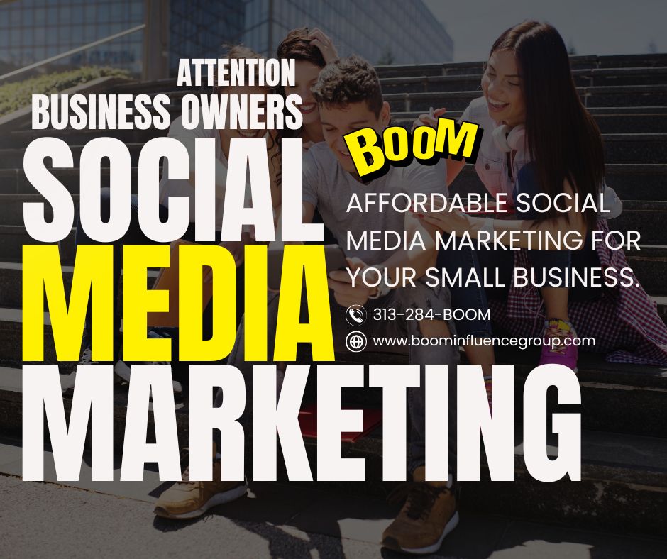 Attention business owners! Need to boost your brand's presence and connect with your audience on Facebook, Instagram, Google, and LinkedIn? Reach out to BOOM Marketing at 313-284-BOOM for expert social media strategy assistance. Text for inquiries.