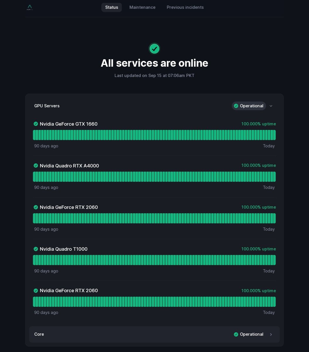 You can view status of #Aurivis Nodes platform here👇

status.aurivis.app

If there is any maintenance or downtime it will be shown here.

#Node #Gpu #DePIN #RWA #Aurivis