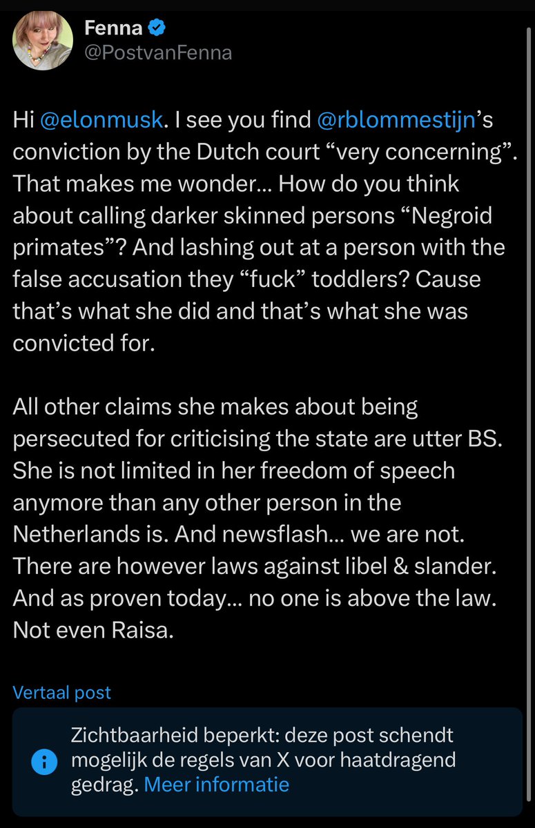Interesting that I get warned about a post using words uttered by <a href="/rblommestijn/">Raisa Blommestijn</a> whom you support <a href="/elonmusk/">Elon Musk</a>… I agree the things said are horrible but they are not my words (and in quotationmarks because of that). They are hers. So I dare you to respond to the question I repost