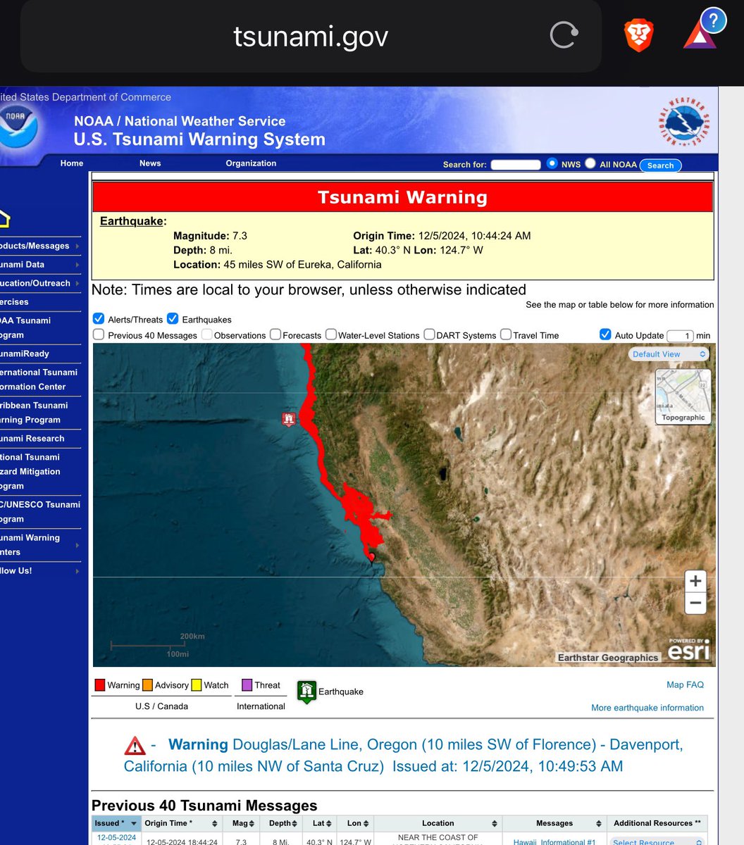 So 7.3 earthquake, 45 miles South-West of Eureka, and all of San Francisco may be affected by this Tsunami… get to safety people.