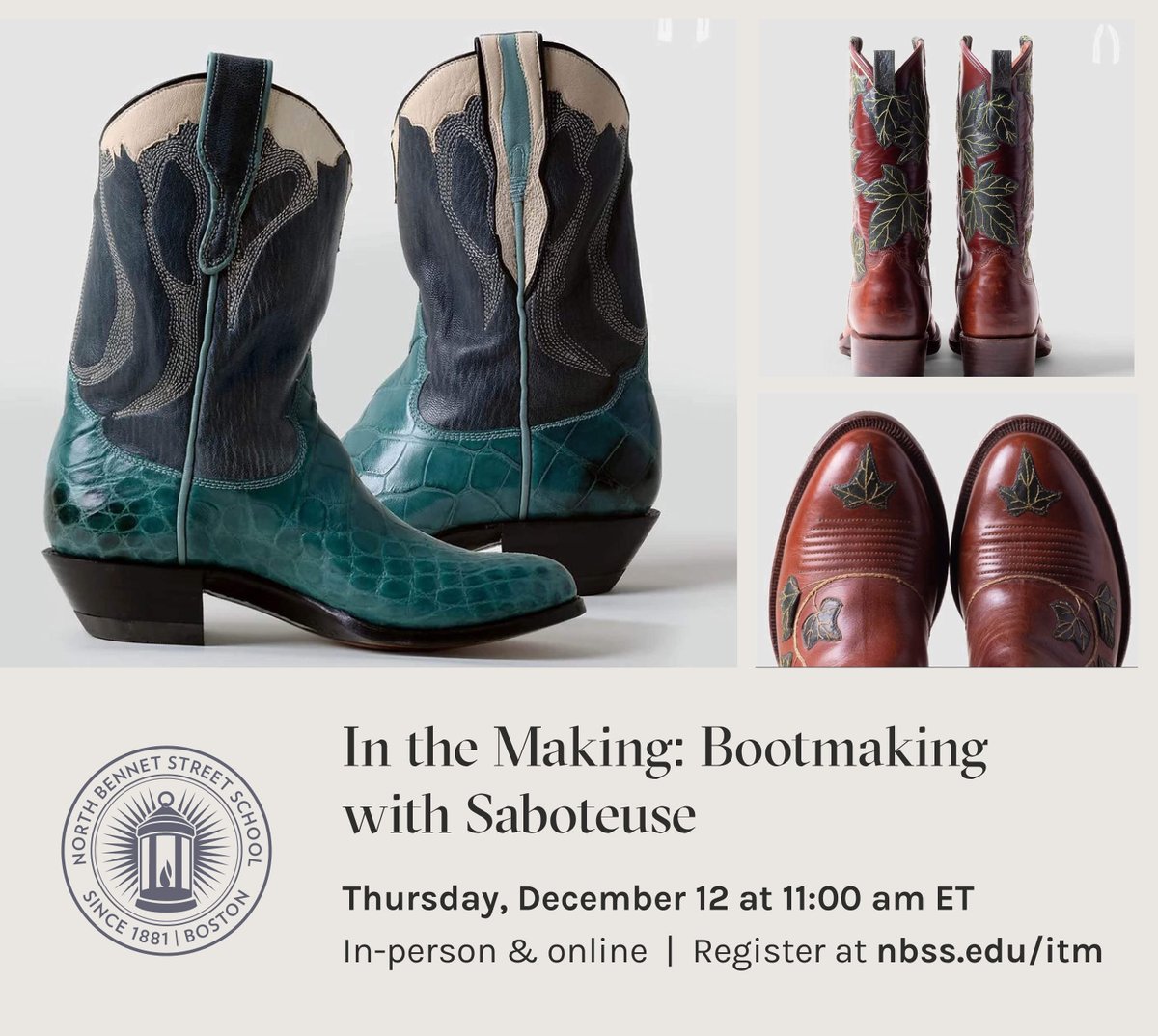 NBSSboston's tweet photo. Next Thursday: Join our #IntheMaking talk w/Sarah Madeleine T. Guerin. We’ll explore the historically significant shoe industry of our region &amp; her specialized artistry in Western #bootmaking.

Thurs 12/12 11am-12pm / In-person &amp; livestreamed
https://t.co/A6LlxNtjMI https://t.co/ARX8hkpnRg