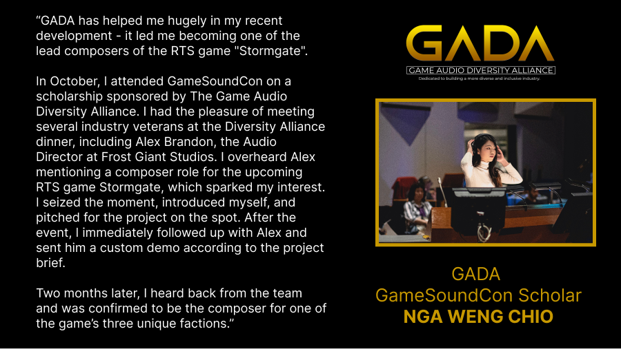 GADA's GameSoundCon scholarship led Nga Weng Chio to become a composer on <a href="/PlayStormgate/">Stormgate</a>! 🎶

❤️ #GivingTuesday may be over, but you can still support scholars by donating via Paypal or corporate giving platforms, volunteering, or sharing: gameaudiodiversityalliance.org
#GameAudio