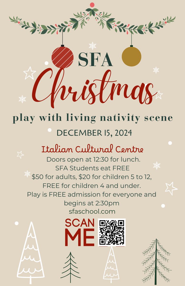 SFASchoolVan's tweet photo. Join us for lunch and the SFA Christmas Concert at the Italian Cultural Centre. Tickets can be purchased on our school website under 'Support Us'. The deadline to purchase tickets is Sunday, December 8th. We hope to see you there! https://t.co/WOUiWJHD1t