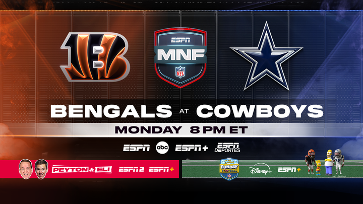 Don't Have a Cow, Man! A big Monday coming up for <a href="/ESPNNFL/">NFL on ESPN</a>, ft. <a href="/Bengals/">Cincinnati Bengals</a>-<a href="/dallascowboys/">Dallas Cowboys</a> (8P ET)

Monday Night Football 
🏈ESPN, ABC, ESPN Deportes &amp; ESPN+

MNF w/ Peyton &amp; Eli  
🎙️ESPN2 &amp; ESPN+

The Simpsons Funday Football 
🍩Disney+ &amp; ESPN+

🔗bit.ly/49mZLHG